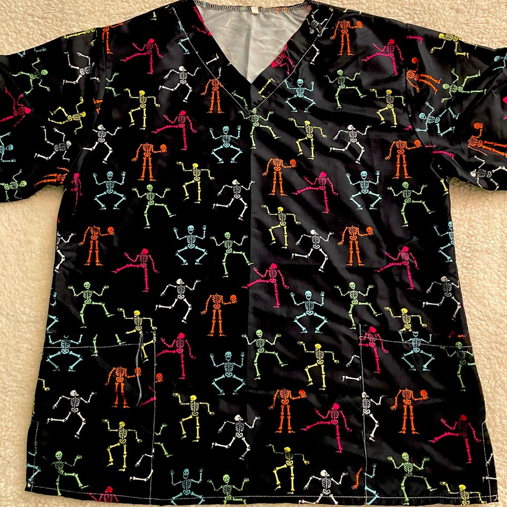 Colorful Skeleton Print Scrub Top